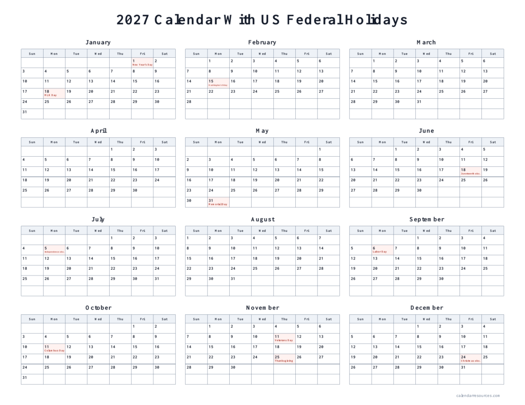 Free printable 2027 calendar with US federal holidays