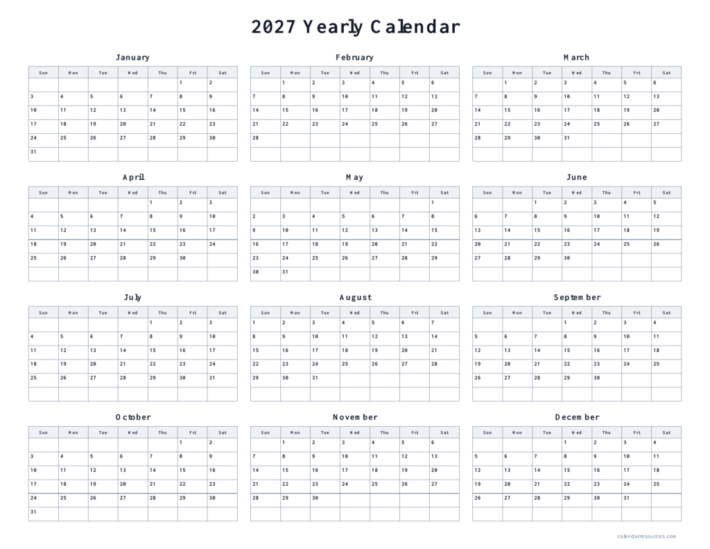 Free printable 2027 yearly calendar landscape