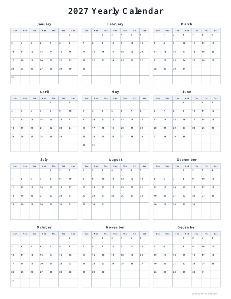 Free printable 2027 yearly calendar portrait
